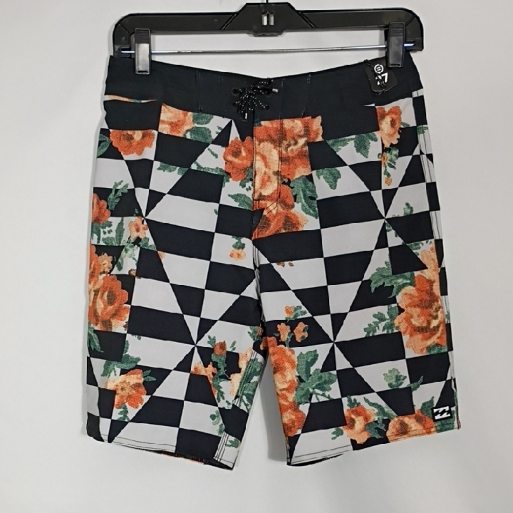 NWT Billabong Sundays Pro Checkered Board Shorts Orange Floral Mens Size 27